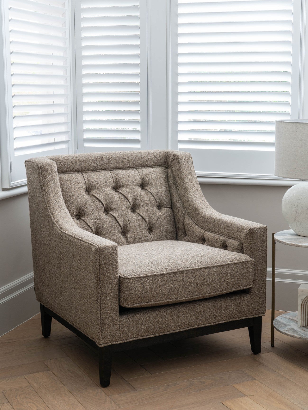 Theodore Dark Taupe Buttoned Armchair